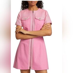 Cinq à Sept Layla Pink Flamingo Denim Zip Front Dress Size 6 Short Sleeve